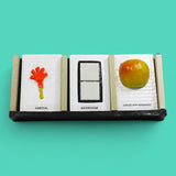 This image depicts 3 standard tactile cards that are 4 by 6 inches in size. The cards from left to right display an orange hand with a yellow handle labeled Arrival, then two square ceramic white buttons centered in a black rectangular outline labeled Bathroom, and a red and yellow apple labeled Apples and Bananas.