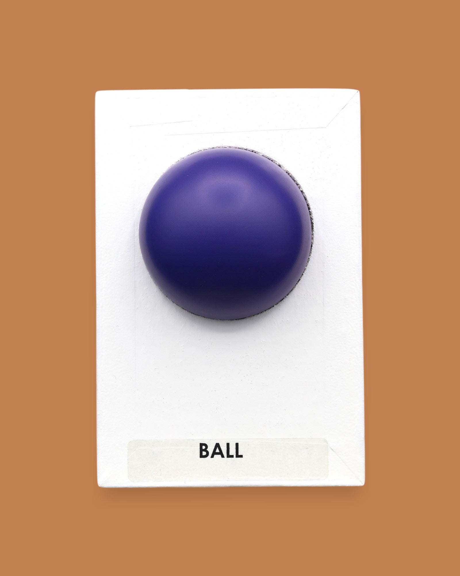The Ball symbol with a small navy blue rubber ball embedded in the center. Labeled "Ball" in black font at the bottom of symbol on white backing. The background of the symbol is white.