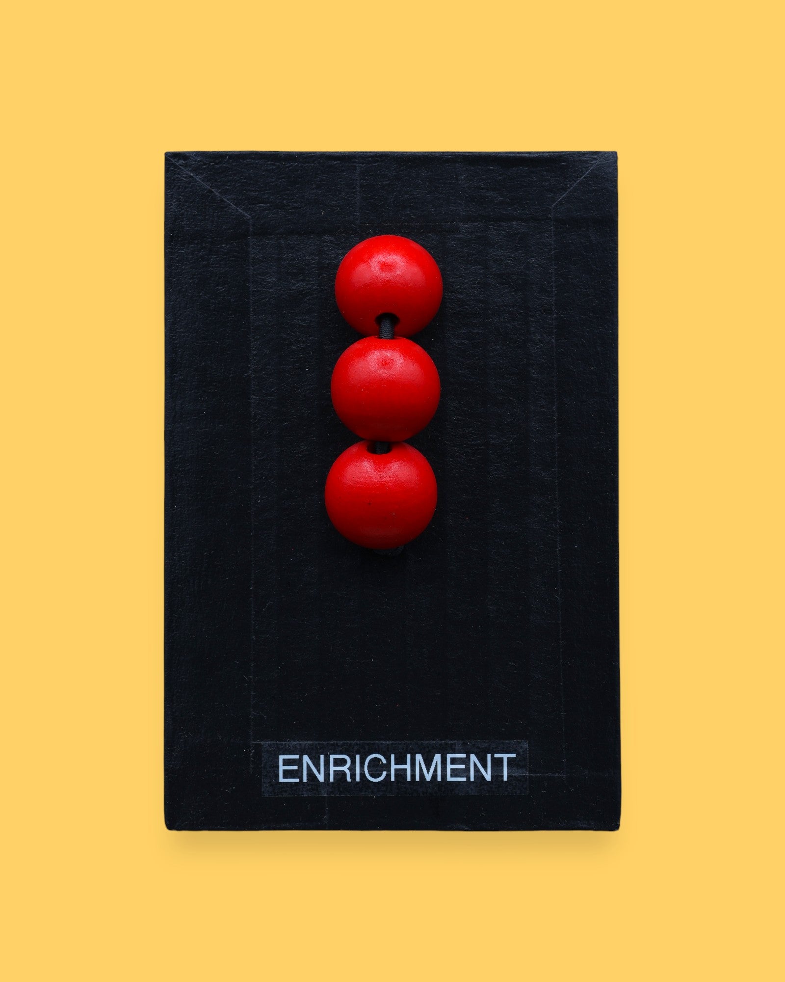<p>The Enrichment tactile symbol consists of three stacked red beads embedded vertically. Labeled "Enrichment" in white font on clear backing at the bottom of the symbol. The background of the symbol is black.