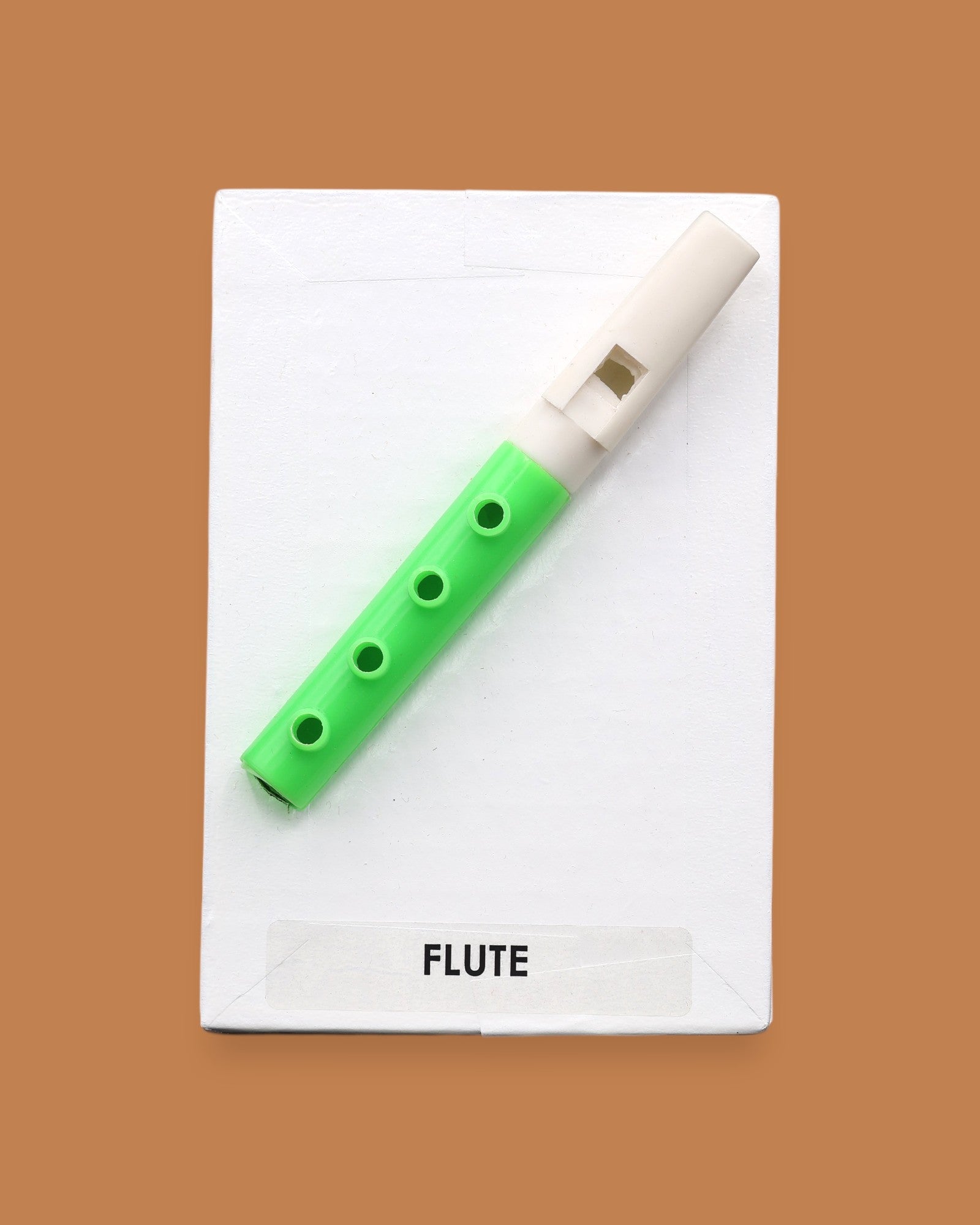 The Flute symbol embedded with a small bright green and white plastic flute. Labeled "Flute: in black font on whtie backing. The background of the symbol is white. 