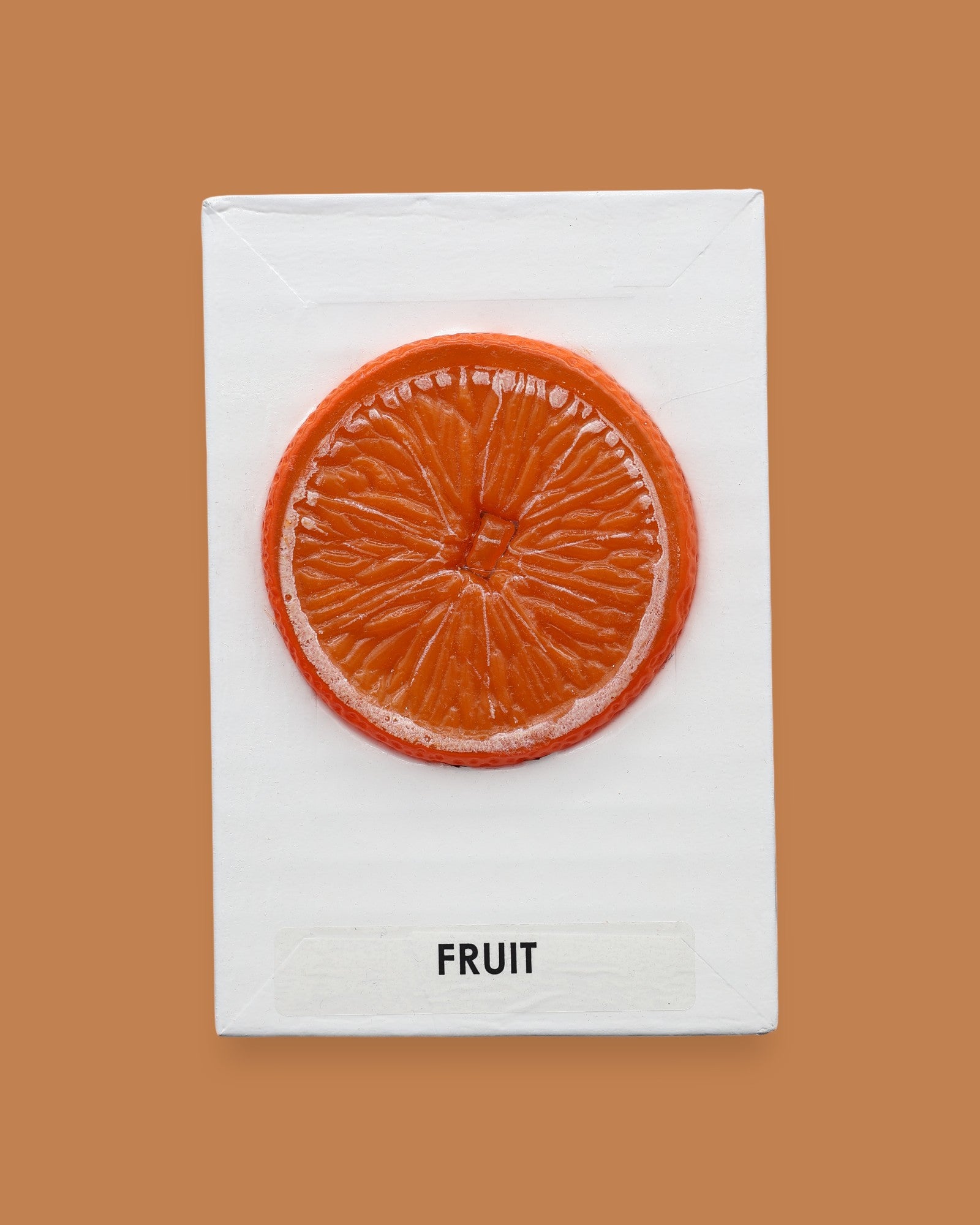 The Fruit symobl has a synthetic orange slice is embedded at the center. Labeled "Fruit" in black font on white backing at the bottom of the symbol. The background of the symbol is white. 