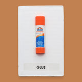 The Glue Stick is blue, orange and white and embedded in the center. Labeled "Glue Stick" in black font on white backing at the bottom of symbol. The background of the symbol is white.