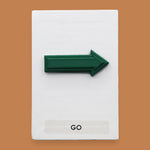 This image displays a standard white tactile card that is 4 by 6 inches in size.  The tactile card holds a layered green 3D arrow pointing to the right. The tactile card is labeled Go below the arrow.