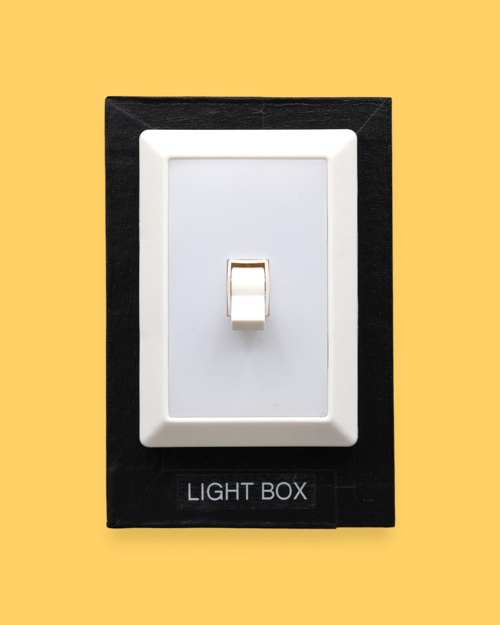 The Light Box high contrast tactile symbol with a bright rectangular flickable light switch. Labeled "Light Box" in white font at the bottom of symbol on clear backing. The background of the symbol is black. 