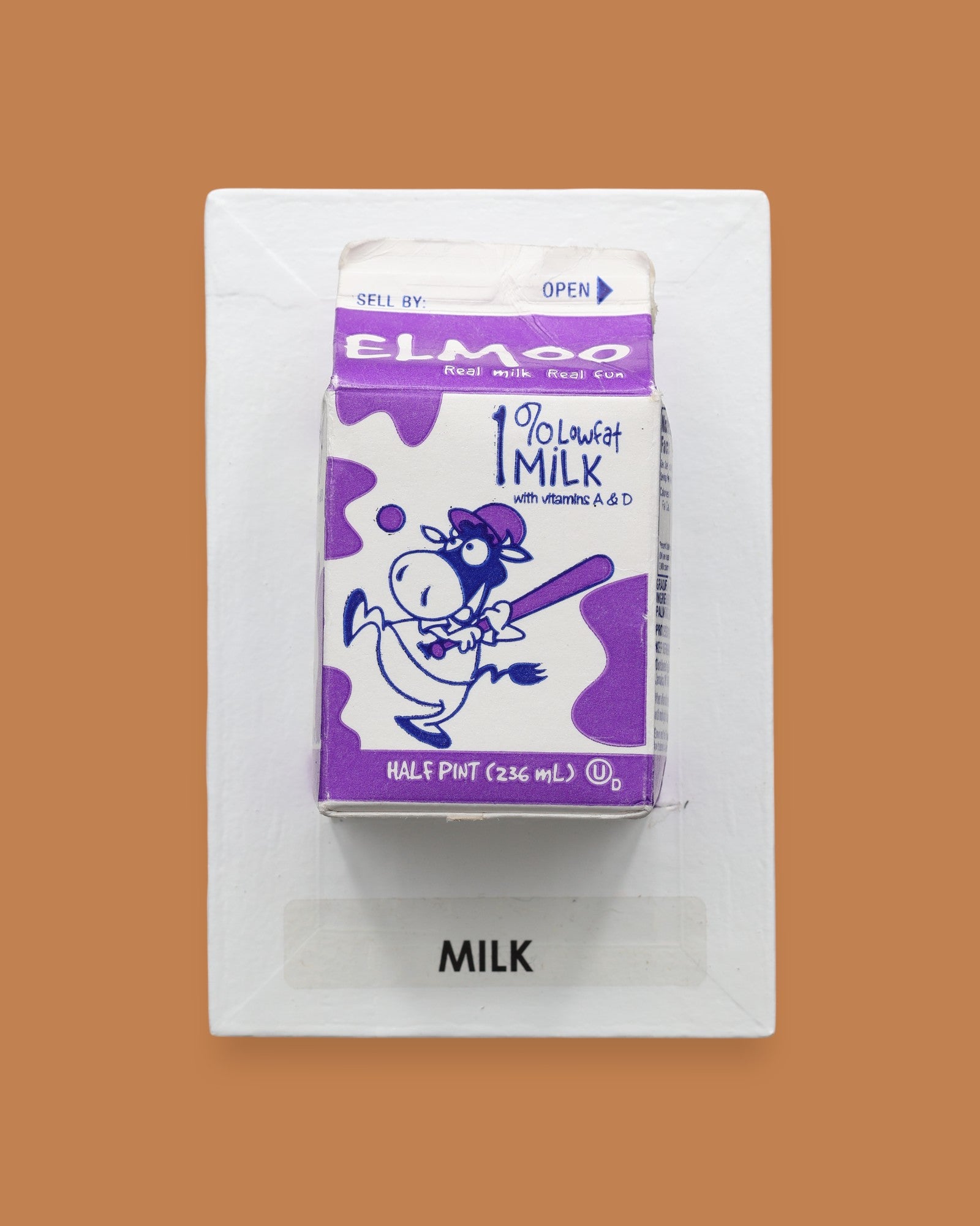The Milk symbol has a pint size milk carton is embedded at the center of the symbol, creating a visually engaging and tactile focal point. Labeled "Milk" in black font at the bottom of symbol on white backing. The background of the symbol is white. This symbol can be customized, using a black backing for increased contrast.