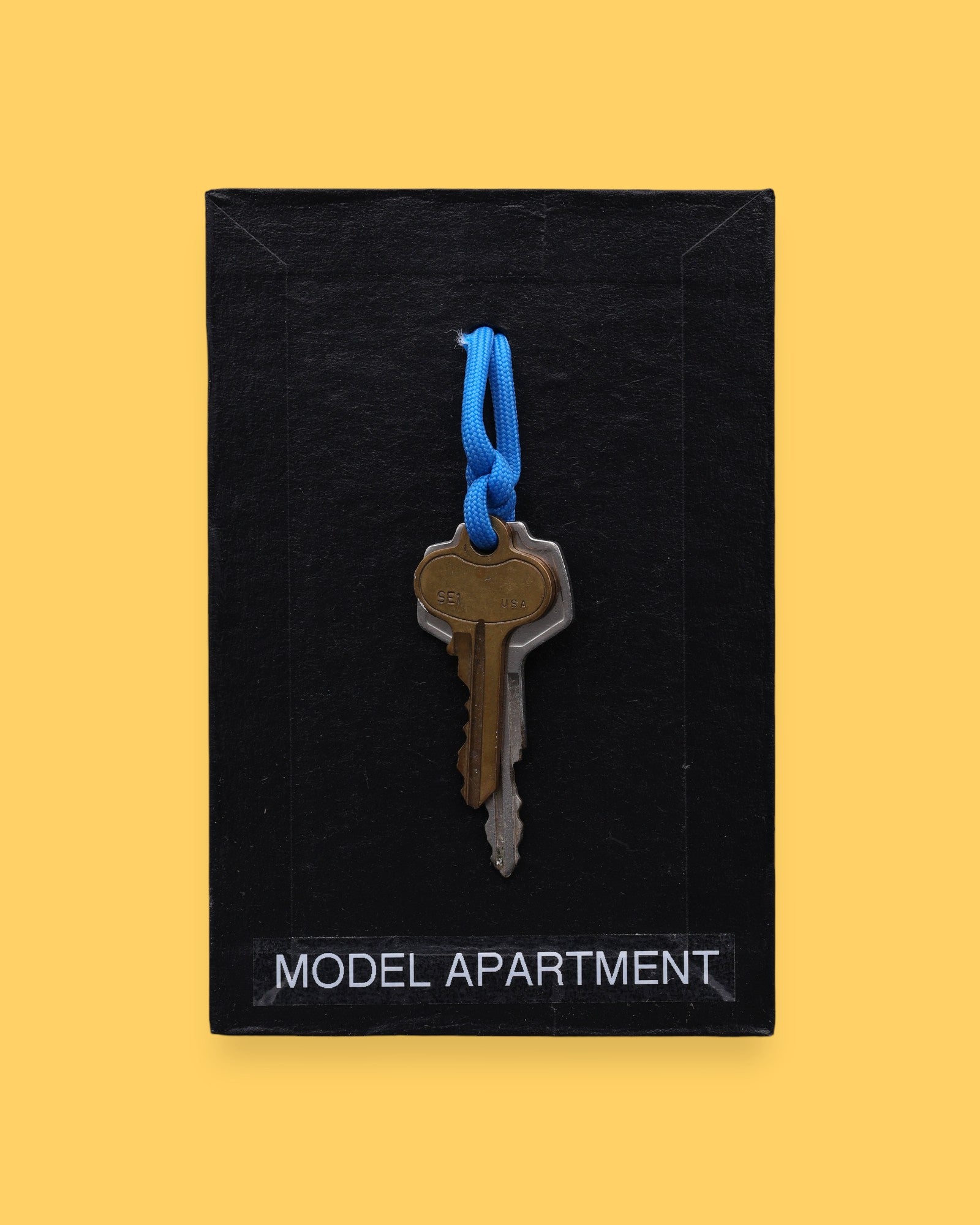 The Model Apartment high contrast tactile symbol with two keys bronze and silver on a blue ring embedded in the center. Labeled "Model Apartment" in white font on clear backing at the bottom of the symbol. The background of the symbol is black. 