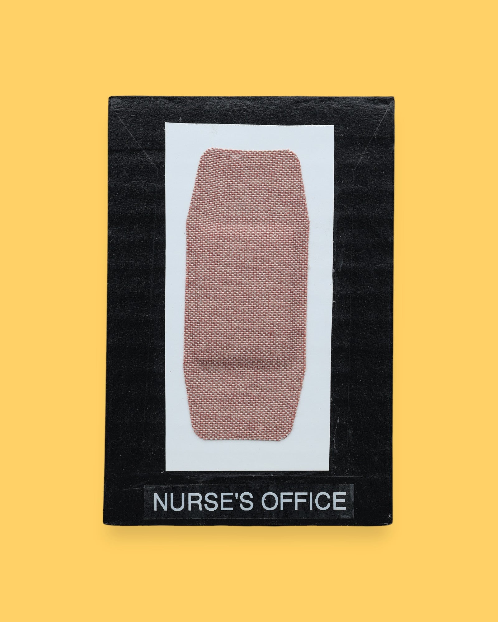 The Nurse's Office symbol with an Band-Aid bandage embedded in the center horizontally. Labeled "Nurse's Office" in black font on white backing at the bottom of symbol . The background of the symbol is white.