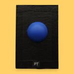 The Physical Therapy (PT) symbol has a small squishy stress ball is embedded in the center. Labeled "PT" in black font on white backing. The background of the symbol is white. 