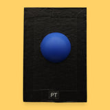 The Physical Therapy (PT) symbol has a small squishy stress ball is embedded in the center. Labeled "PT" in black font on white backing. The background of the symbol is white. 