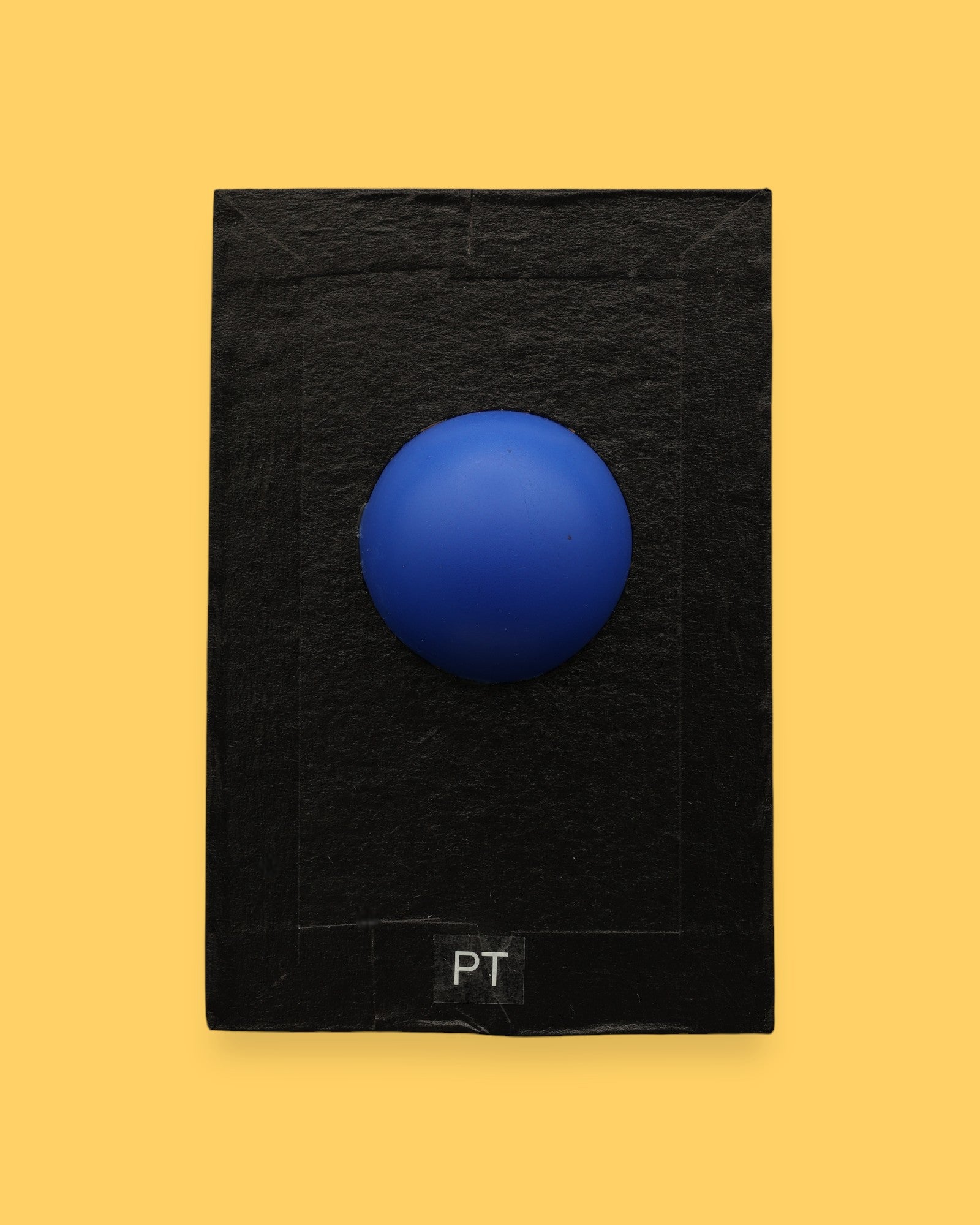 The Physical Therapy (PT) symbol has a small squishy stress ball is embedded in the center. Labeled "PT" in black font on white backing. The background of the symbol is white. 