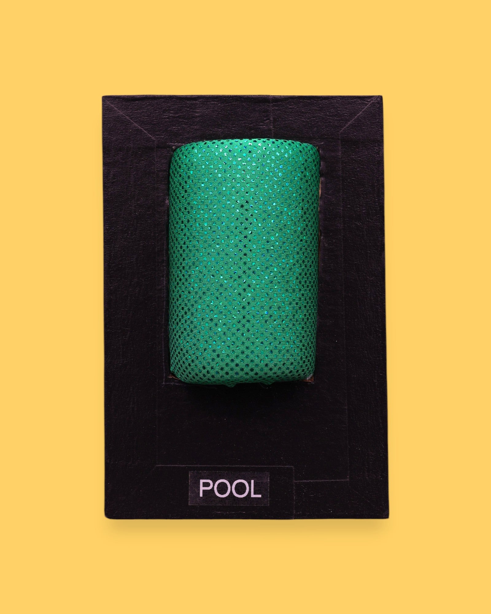 The Pool high contrast tactile symbol with a lime green pool noodle embedded vertically. Labeled "Pool" in white font on clear backing. The background of the symbol is black.  