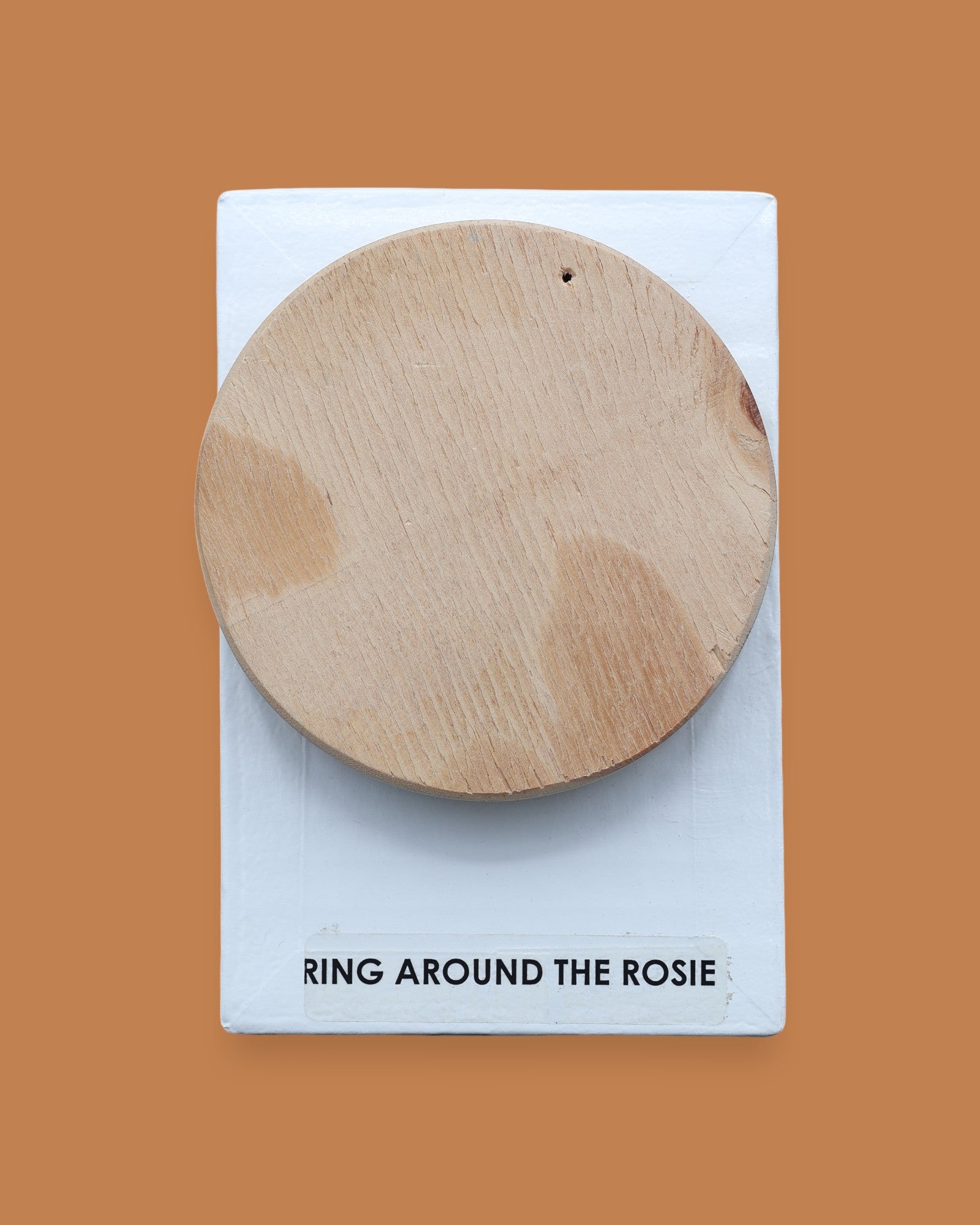 The Ring Around the Rosie symbol has a round wood-like PLA circle that is embedded in the center. Labeled "Ring Around The Rosie" in black font at the bottom of symbol on white backing. The background of the symbol is white.