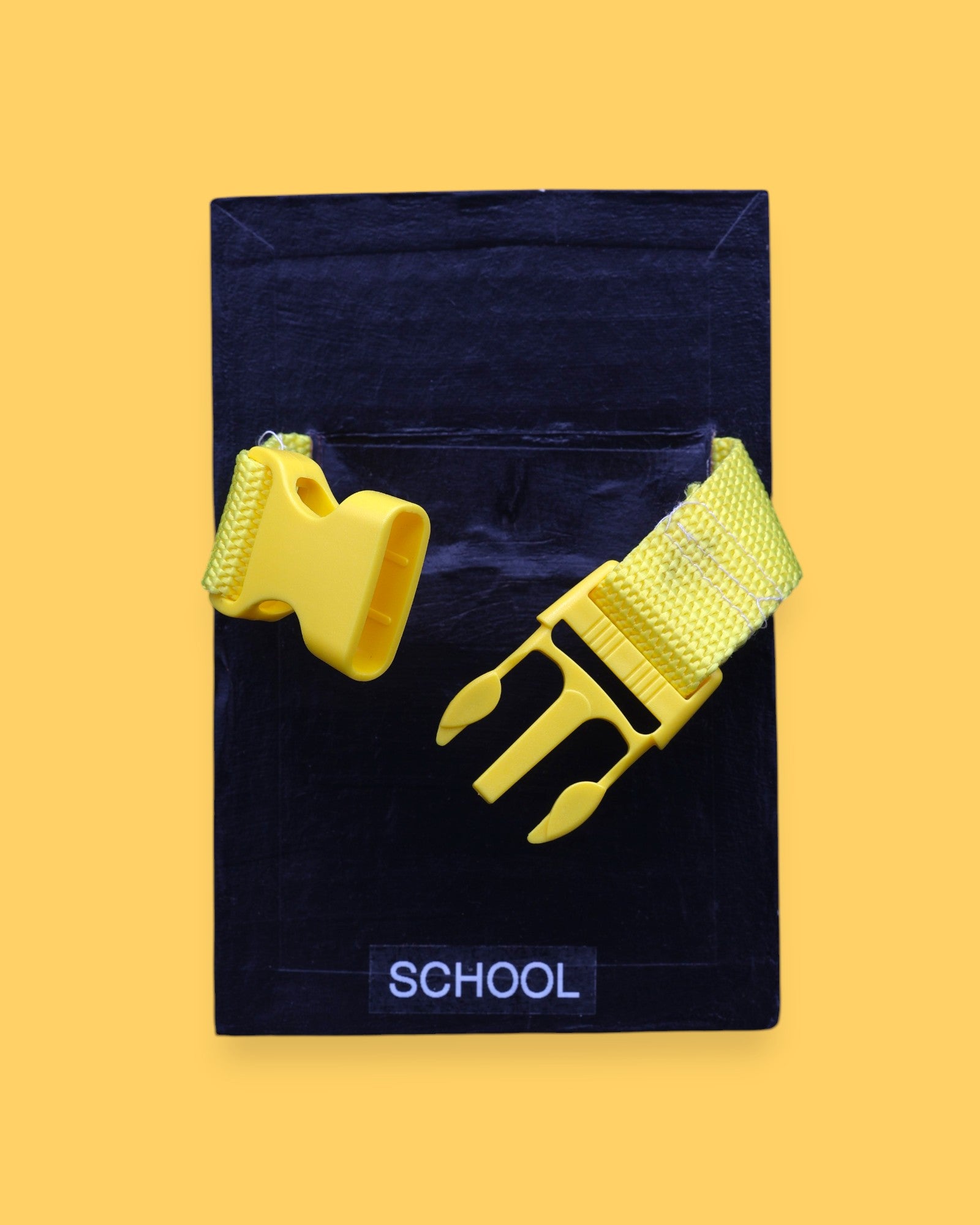 The School high contrast tactile symbol with a bright yellow open buckle strap. Labeled "School" in white font at the bottom of symbol on clear backing. The background of the symbol is black. 