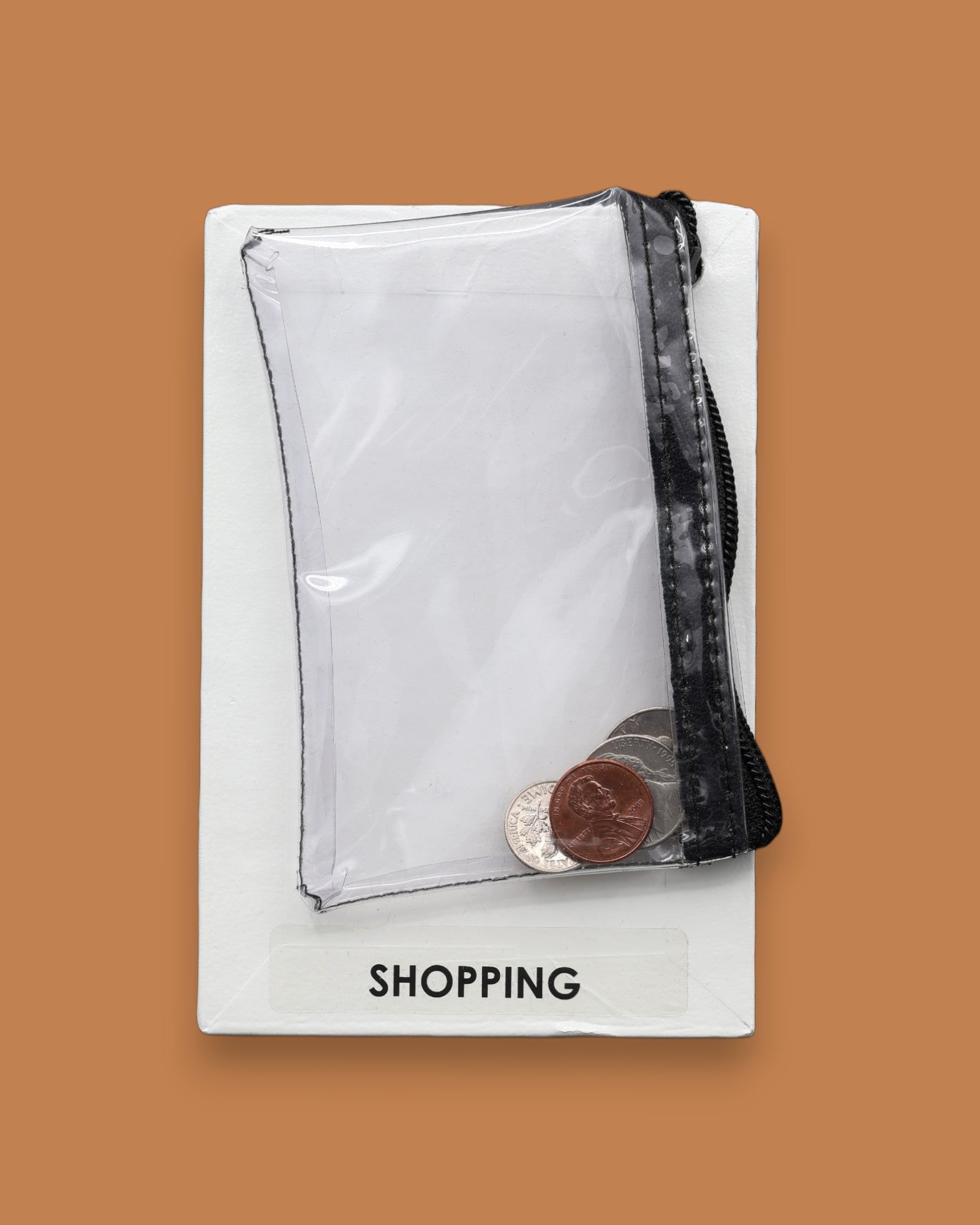 The Shopping symbol consists of a clear small sized zipped closed coinpurse with three coins inside the purse. Labeled "Shopping" in black font on white backing. The background of the symbol is white.