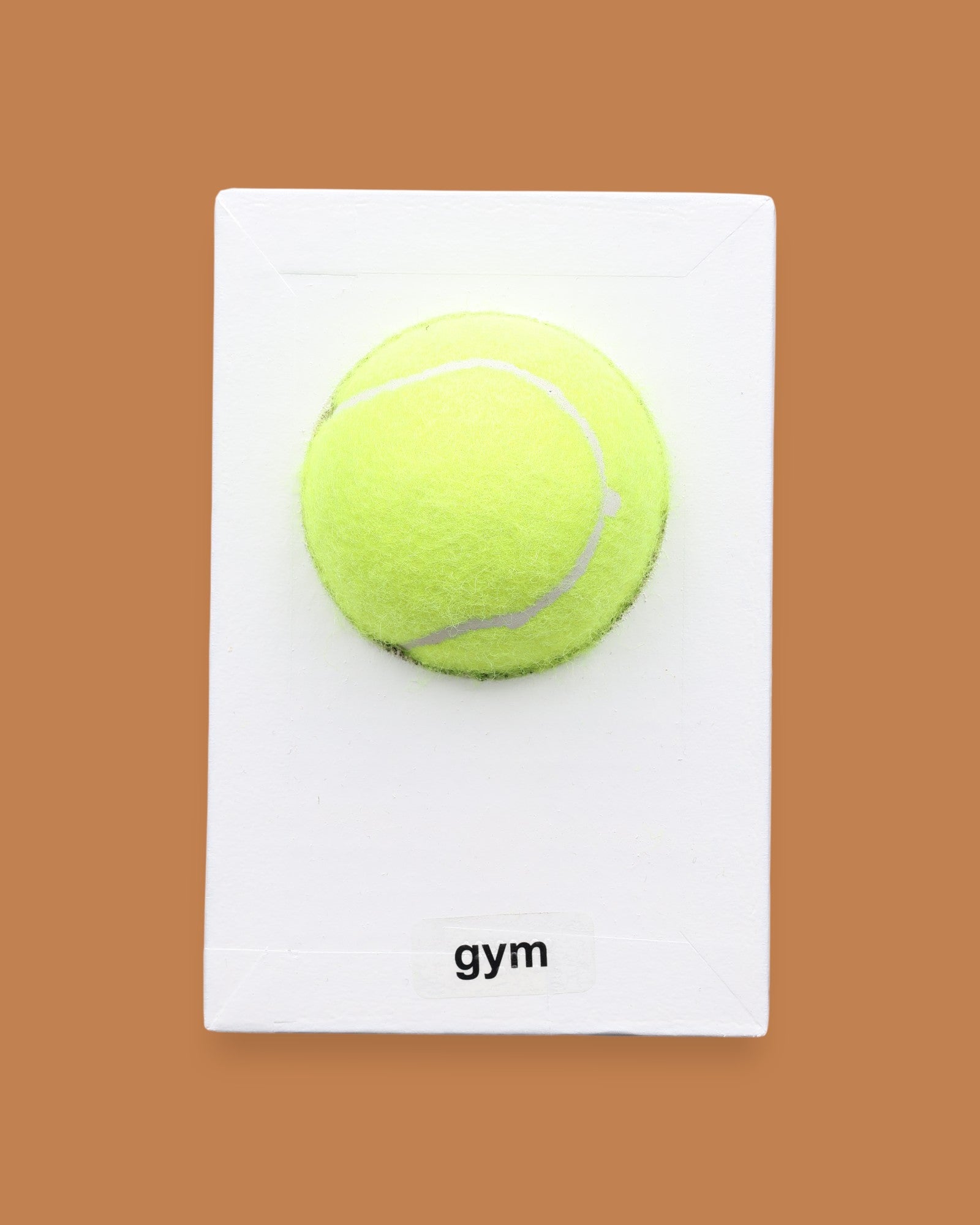 The Gym symbol has a bright yellow tennis ball is centered on a white rectangular surface against a white background. Labeled "Gym" in black font on white backing at the bottom of symbol. The background of the symbol is white.