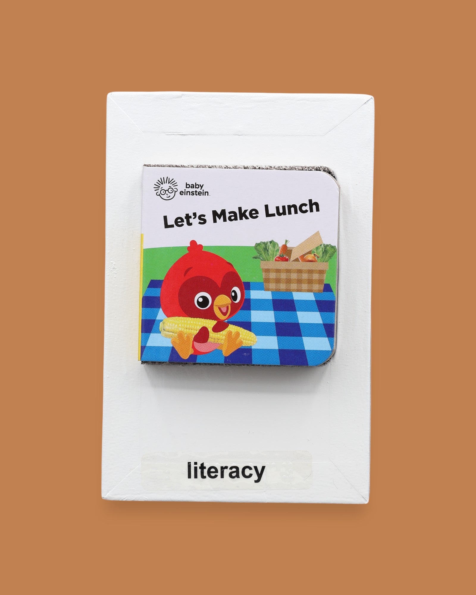 The Literacy symbol has mini children's board book titled "Let's Make Lunch" with a cartoon red bird holding corn. Background shows a picnic setting. Labeled "Literacy" in black font on white backing at the bottom of symbol . The background of the symbol is white.