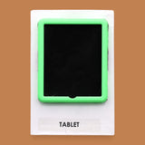 The Tablet symbol 3D printed-filament in lime green with a black like screen embedded in the center. Labeled "Tablet" in black font on white backing at the bottom of the symbol. The background of the symbol is white. 