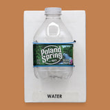 The image displays a standard white tactile card that is 4 by 6 inches in size with a small plastic Poland Springs water bottle attached to the card with blue string wrapped around it, the tactile card is labeled Water.